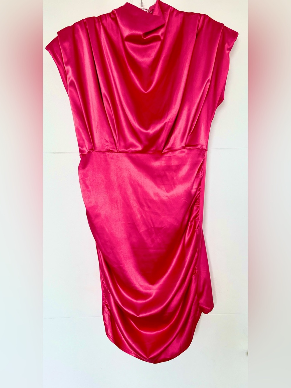 Hot Pink Fuchsia Satin Cowl Neck 80s Dress Size M Shoulder Pads Retro Party